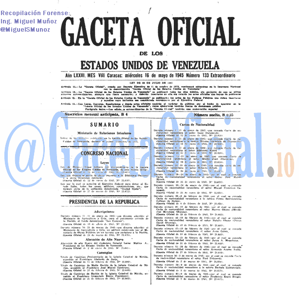 Gaceta Oficial 133 del 16 Mayo 1945