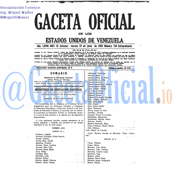 Gaceta Oficial 134 del 22 Junio 1945