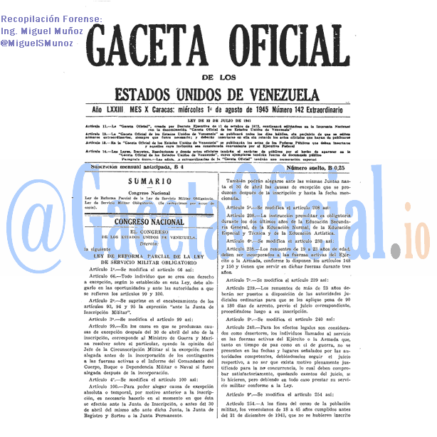 Gaceta Oficial 142 del 1 Agosto 1945