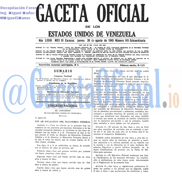 Gaceta Oficial 145 del 30 Agosto 1945
