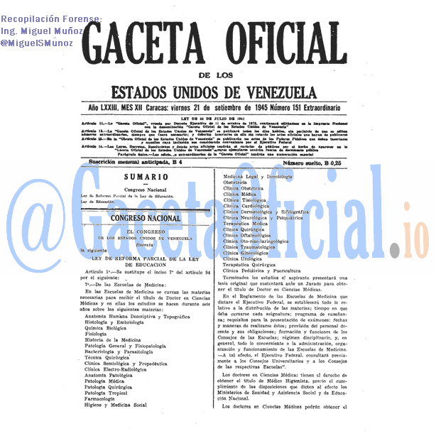 Gaceta Oficial 151 del 21 Septiembre 1945