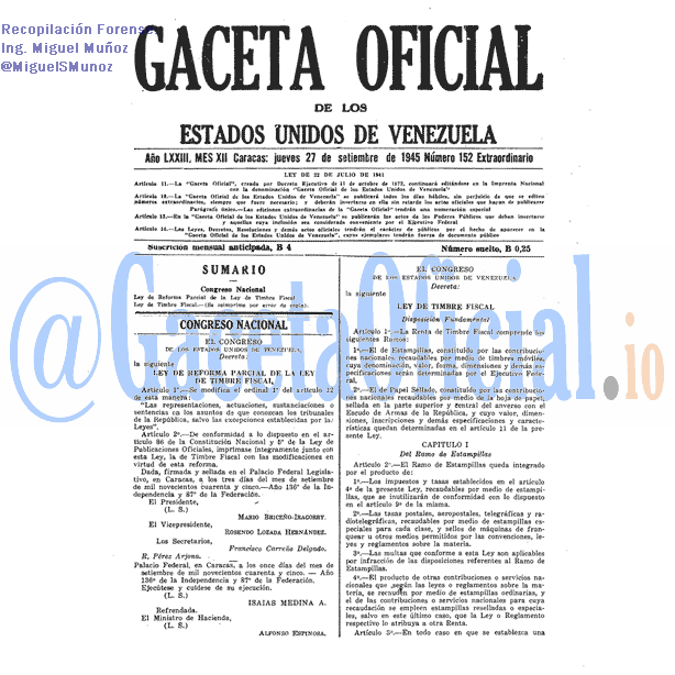 Gaceta Oficial 152 del 27 Septiembre 1945