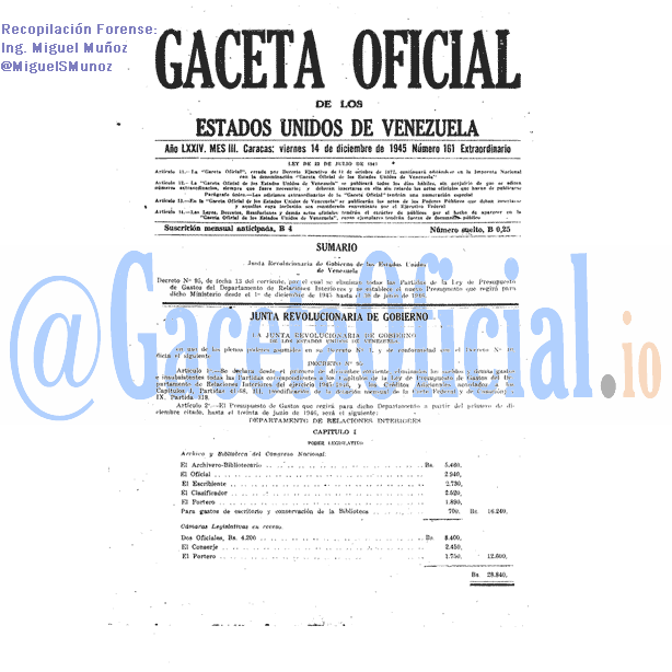 Gaceta Oficial 161 del 14 Diciembre 1945
