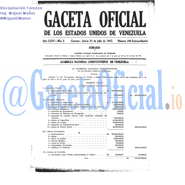 Gaceta Oficial 196 del 31 Julio 1947