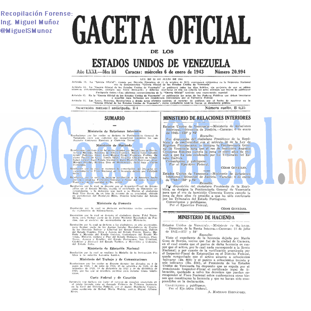 Gaceta Oficial 20994 del 6 Enero 1943