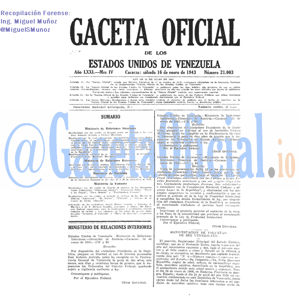 Gaceta Oficial 21003 del 16 Enero 1943