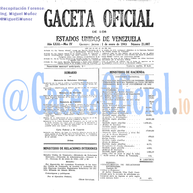 Gaceta Oficial 21007 del 1 Enero 1943