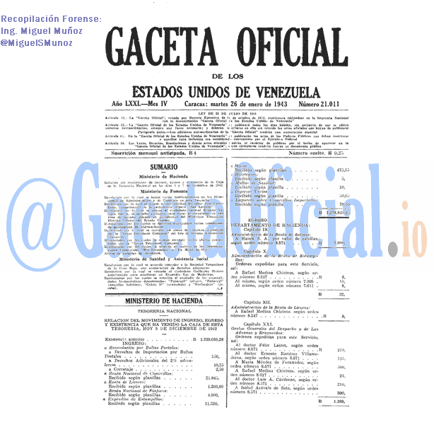 Gaceta Oficial 21011 del 26 Enero 1943