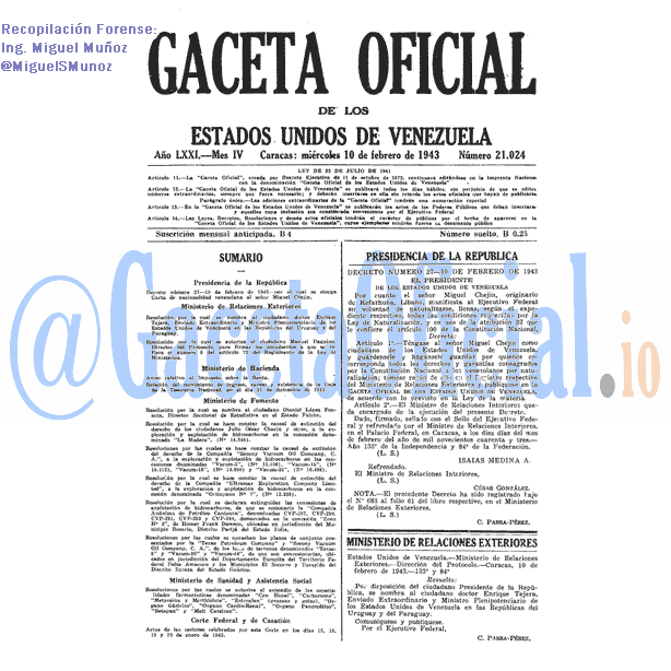 Gaceta Oficial 21024 del 10 Febrero 1943