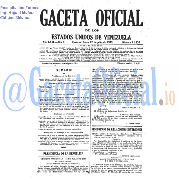 Gaceta Oficial 21150 del 12 Julio 1943