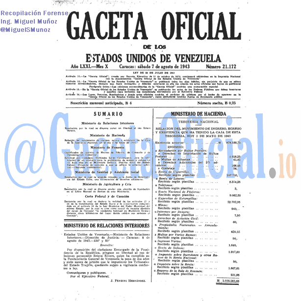 Gaceta Oficial 21172 del 7 Agosto 1943