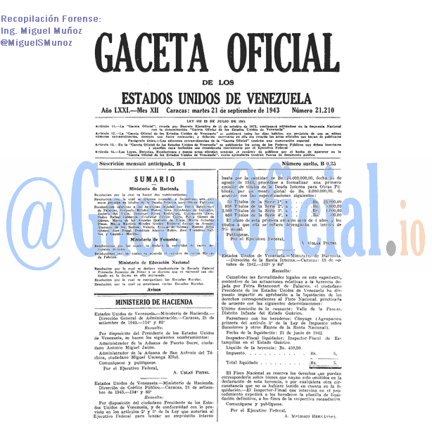 Gaceta Oficial 21210 del 21 Septiembre 1943