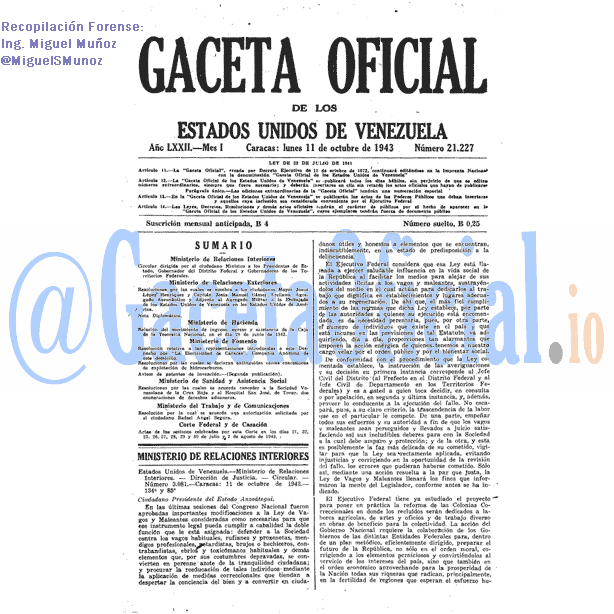 Gaceta Oficial 21227 del 11 Octubre 1943