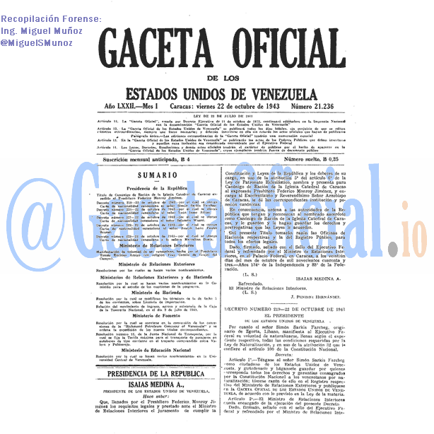 Gaceta Oficial 21236 del 22 Octubre 1943