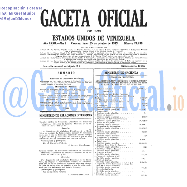 Gaceta Oficial 21238 del 25 Octubre 1943