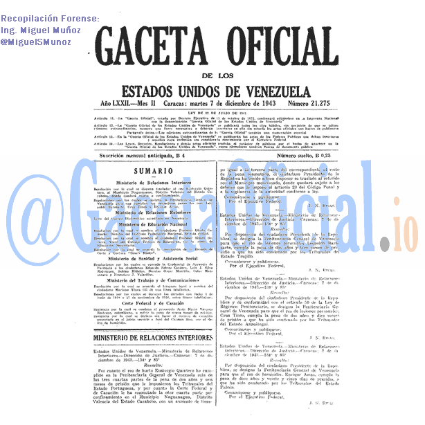 Gaceta Oficial 21275 del 7 Diciembre 1943