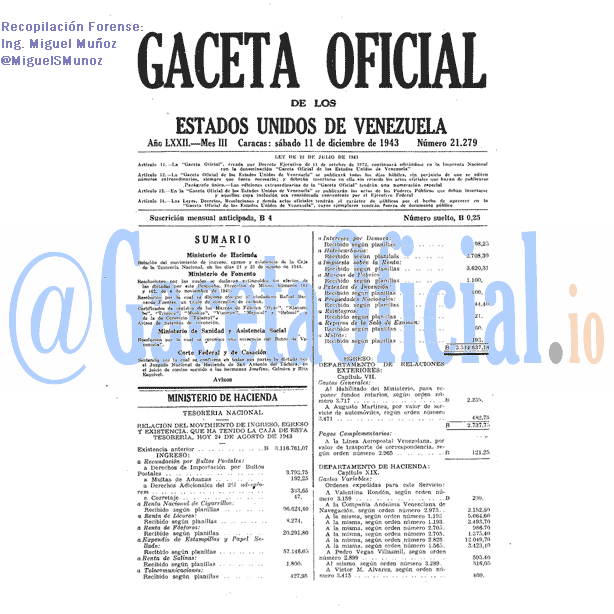 Gaceta Oficial 21279 del 11 Diciembre 1943
