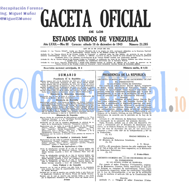 Gaceta Oficial 21285 del 18 Diciembre 1943