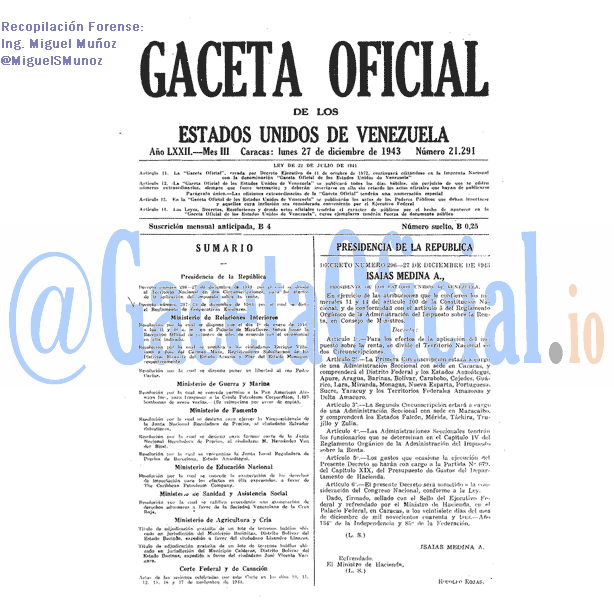Gaceta Oficial 21291 del 27 Diciembre 1943