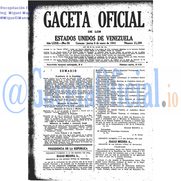 Gaceta Oficial 21299 del 6 Enero 1944