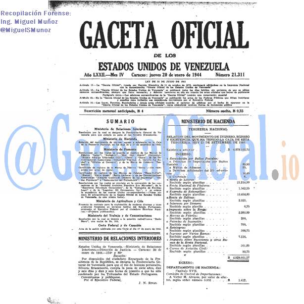 Gaceta Oficial 21311 del 20 Enero 1944