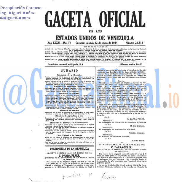 Gaceta Oficial 21313 del 22 Enero 1944