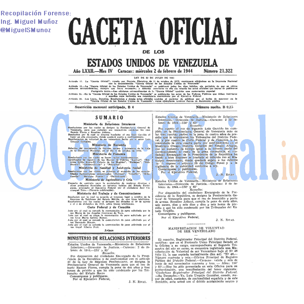 Gaceta Oficial 21322 del 2 Febrero 1944