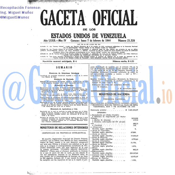 Gaceta Oficial 21326 del 7 Febrero 1944