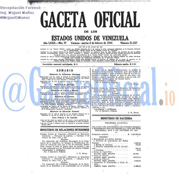 Gaceta Oficial 21327 del 8 Febrero 1944
