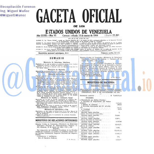 Gaceta Oficial 21361 del 18 Marzo 1944