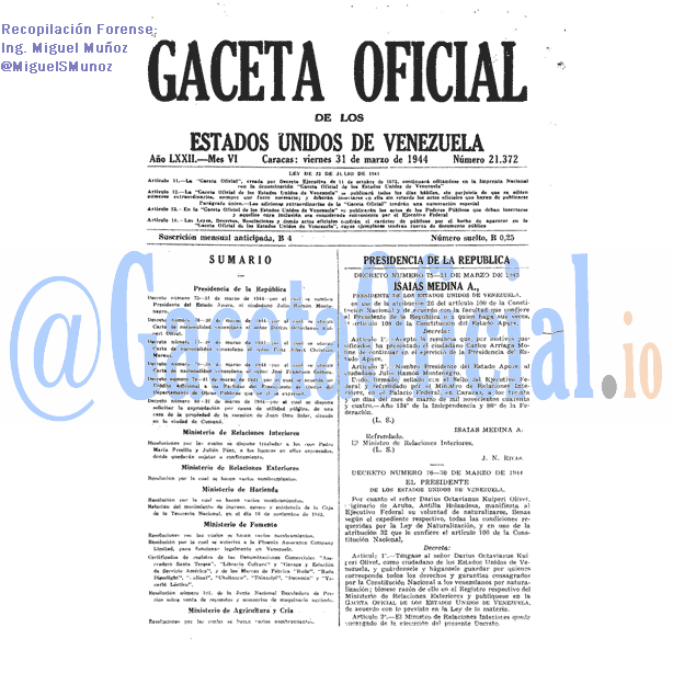 Gaceta Oficial 21372 del 31 Marzo 1944