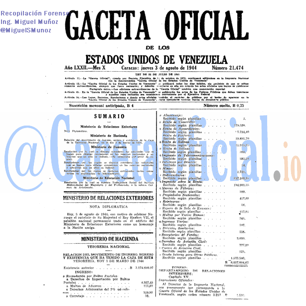 Gaceta Oficial 21474 del 3 Agosto 1944