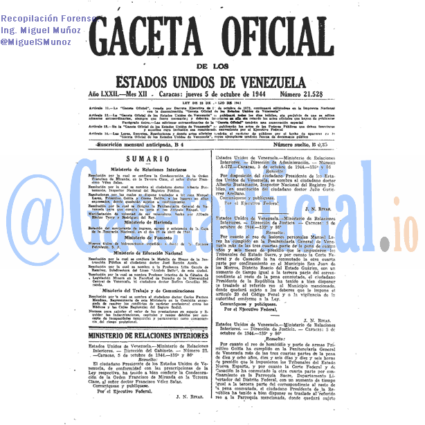 Gaceta Oficial 21528 del 5 Octubre 1944