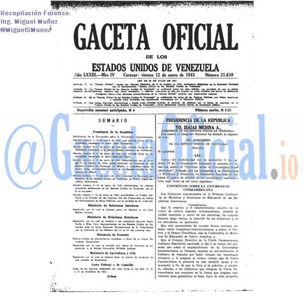 Gaceta Oficial 21610 del 12 Enero 1945