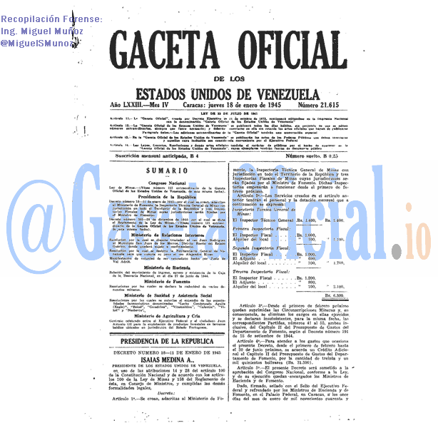 Gaceta Oficial 21615 del 18 Enero 1945