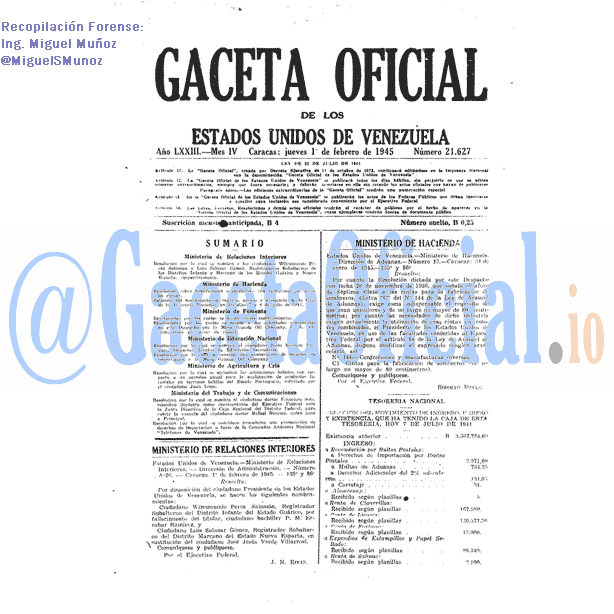 Gaceta Oficial 21627 del 1 Febrero 1945