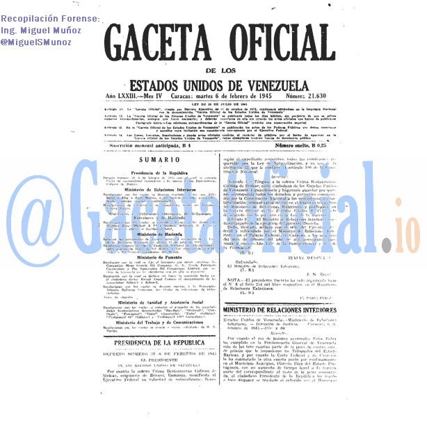 Gaceta Oficial 21630 del 6 Febrero 1945