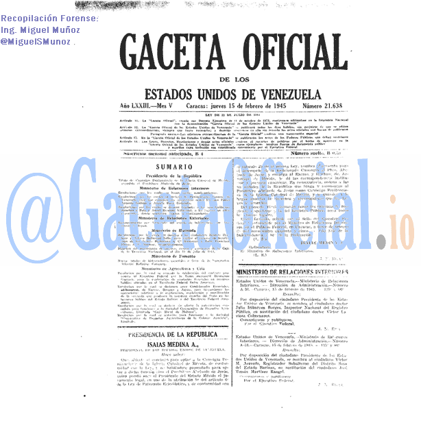 Gaceta Oficial 21638 del 15 Febrero 1945