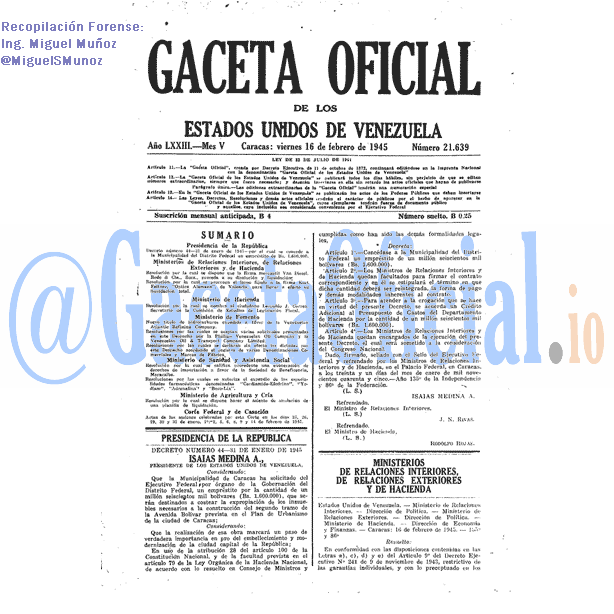 Gaceta Oficial 21639 del 16 Febrero 1945