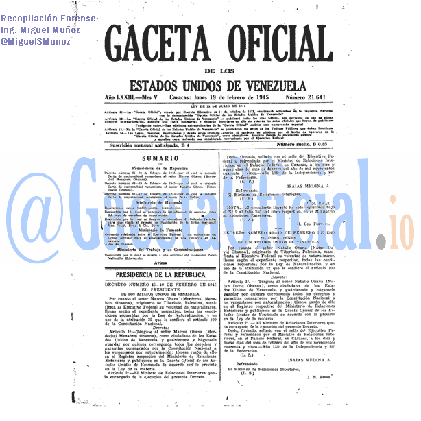 Gaceta Oficial 21641 del 19 Febrero 1945