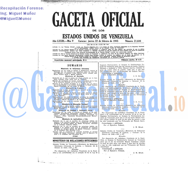 Gaceta Oficial 21644 del 22 Febrero 1945