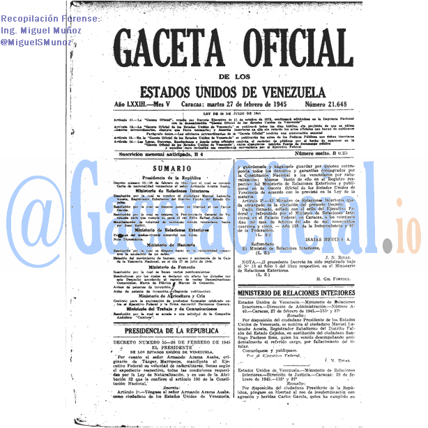 Gaceta Oficial 21648 del 27 Febrero 1945