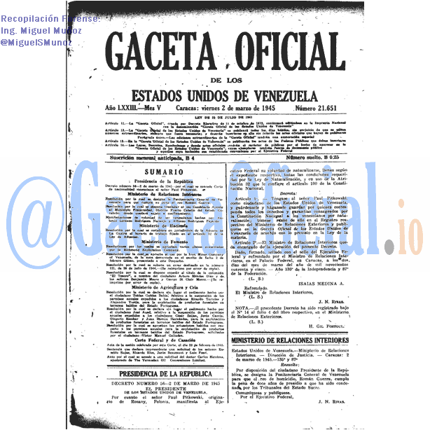 Gaceta Oficial 21651 del 2 Marzo 1945