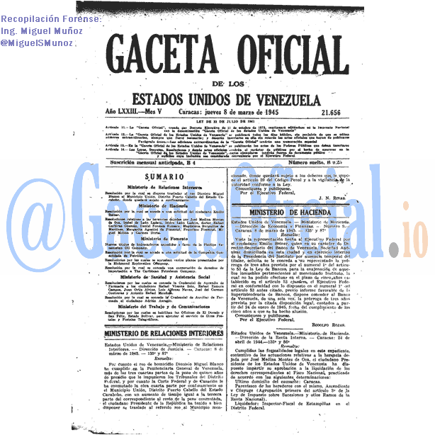 Gaceta Oficial 21656 del 8 Marzo 1945
