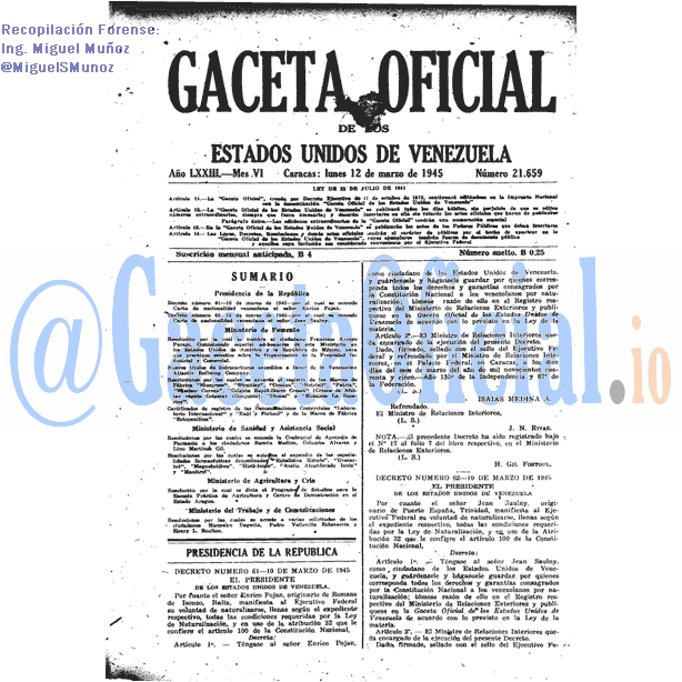 Gaceta Oficial 21659 del 12 Marzo 1945