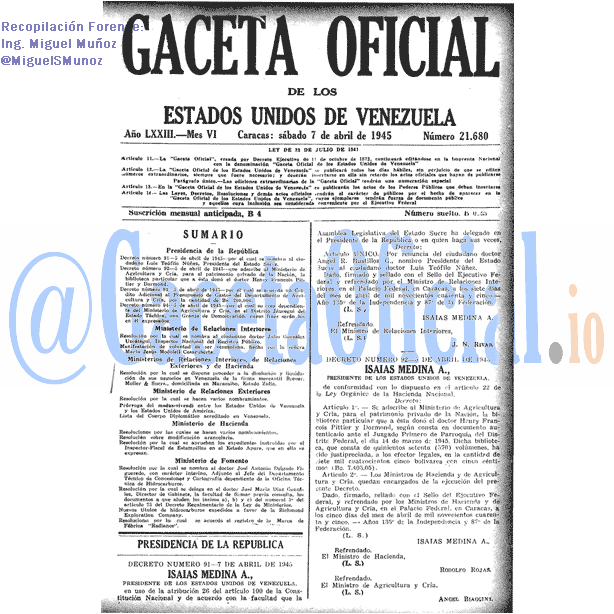 Gaceta Oficial 21680 del 7 Abril 1945
