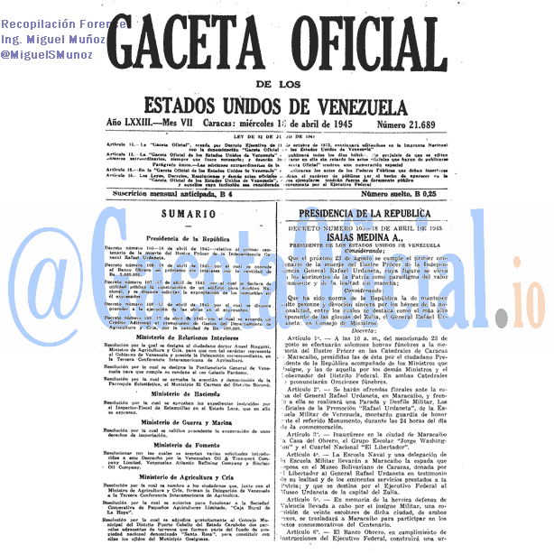 Gaceta Oficial 21689 del 18 Abril 1945