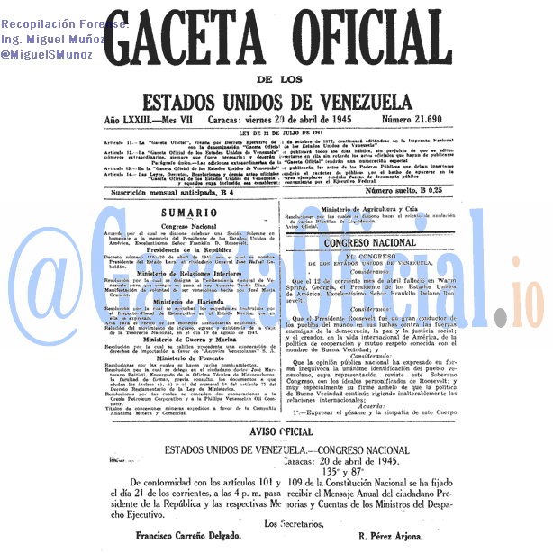 Gaceta Oficial 21690 del 20 Abril 1945