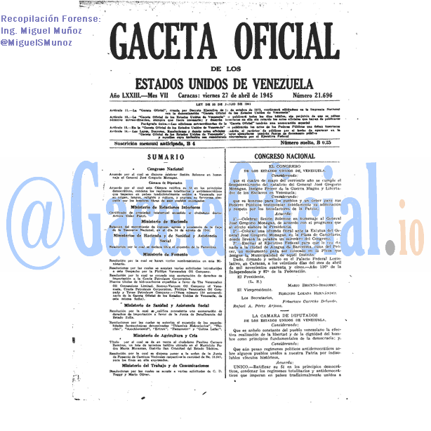 Gaceta Oficial 21696 del 27 Abril 1945