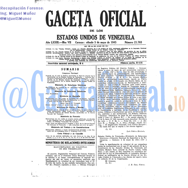 Gaceta Oficial 21703 del 5 Mayo 1945